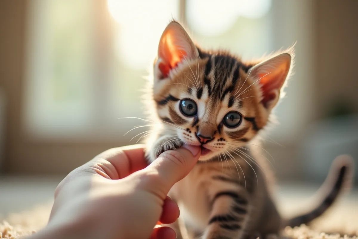 Chaton jouant avec un jouet en tissu dans un salon
