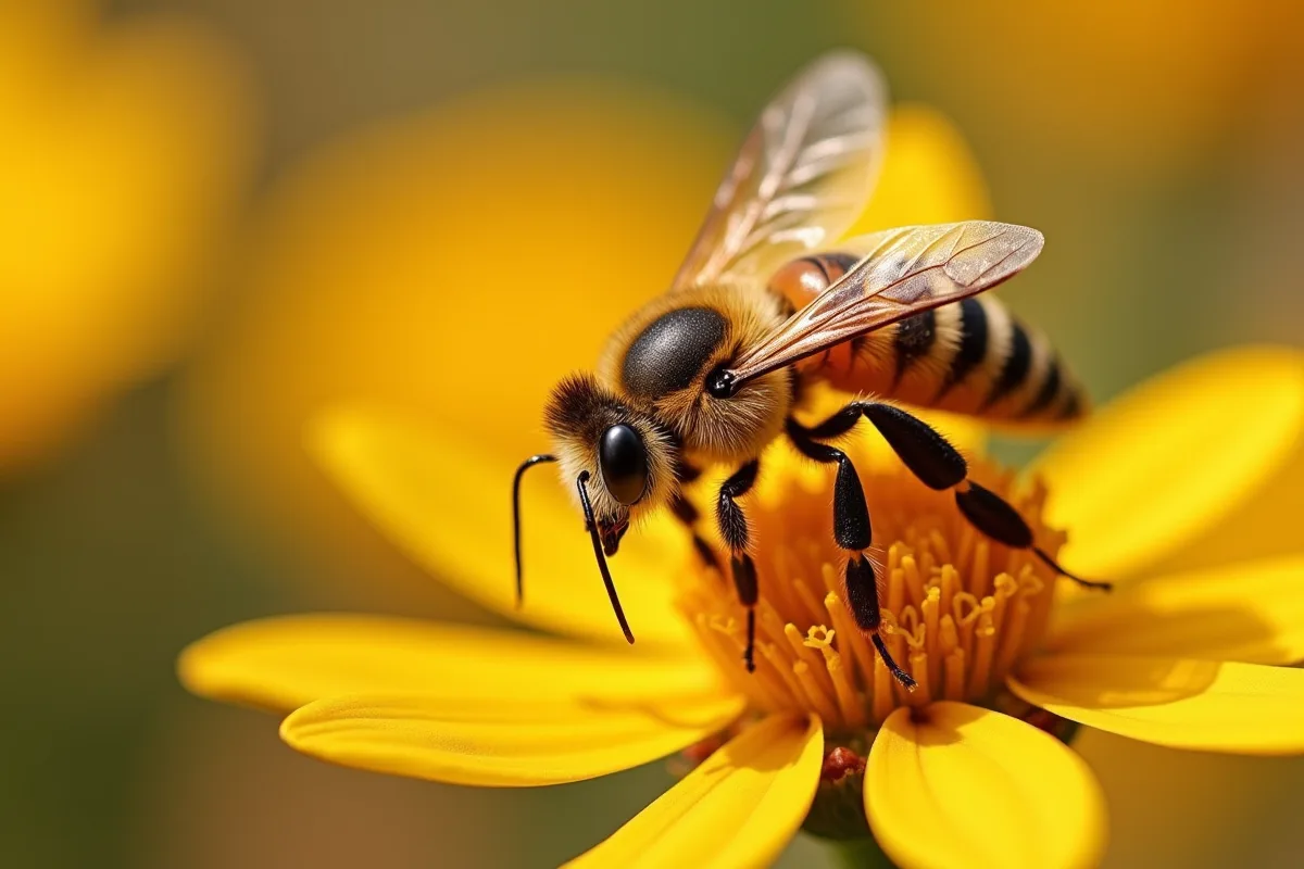 Bourdon ventru et duveteux à côté d'une guêpe jaune et noire
