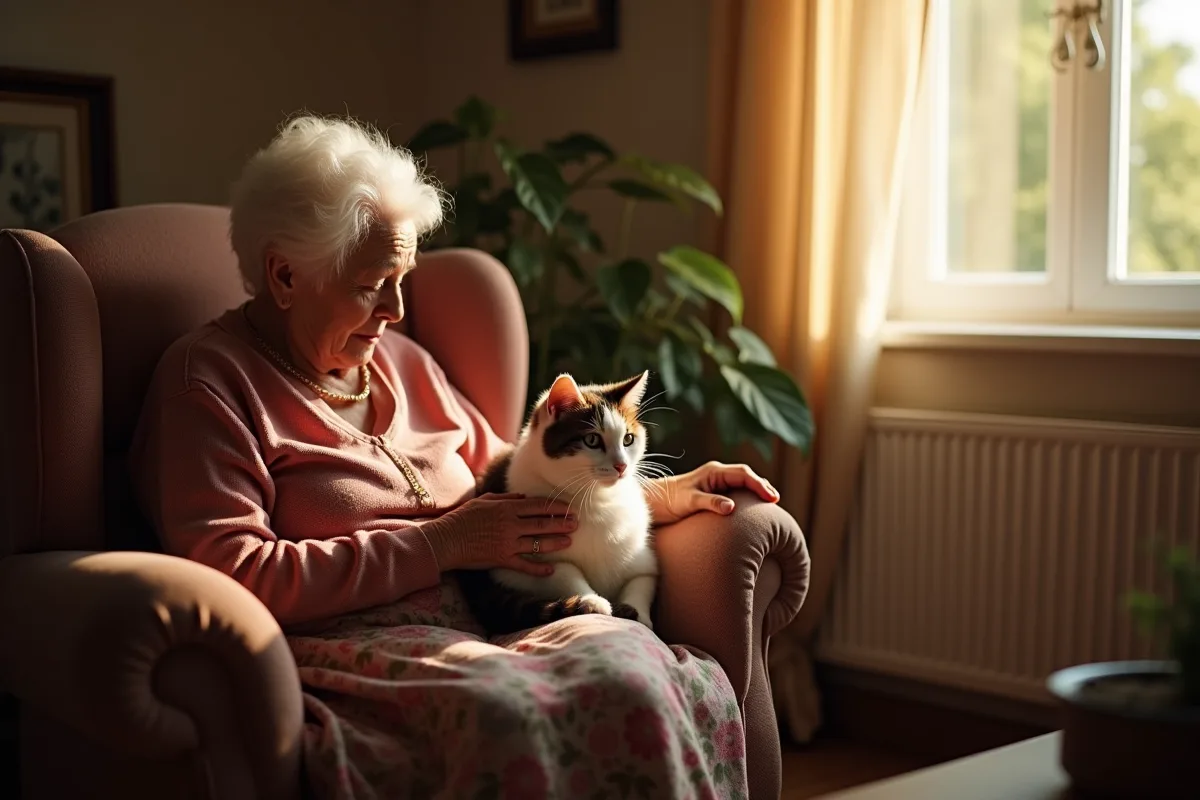 Un chat ronronnant sur les genoux d'une personne apaisée
