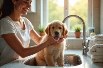 Bain d'un chien avec des conseils pour un lavage sécurisé