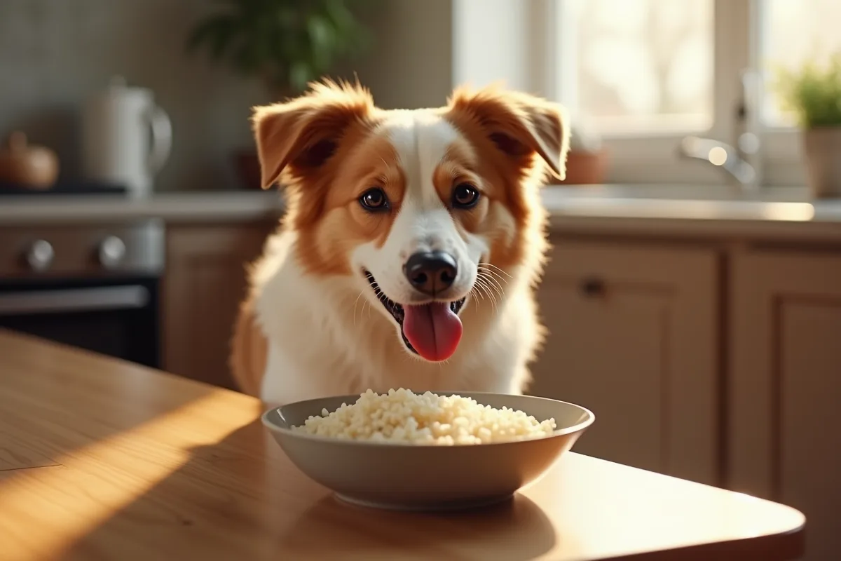Chien hésitant devant sa gamelle de croquettes et riz