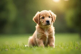 Jeune golden retriever en extérieur en journée lumineuse