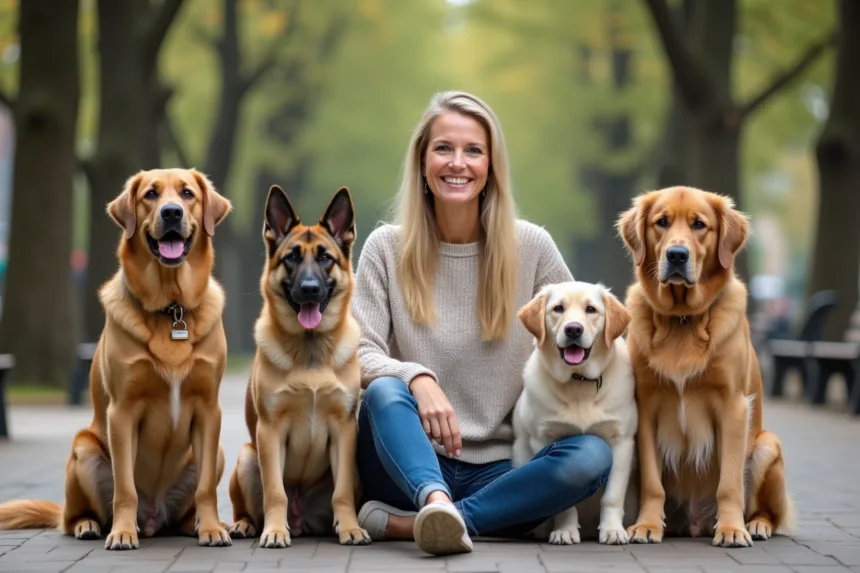 Groupe de quatre chiens divers et une femme dans un parc