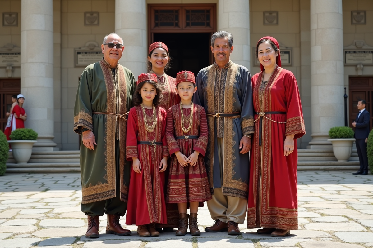 Famille en costume traditionnel devant un bâtiment officiel historique