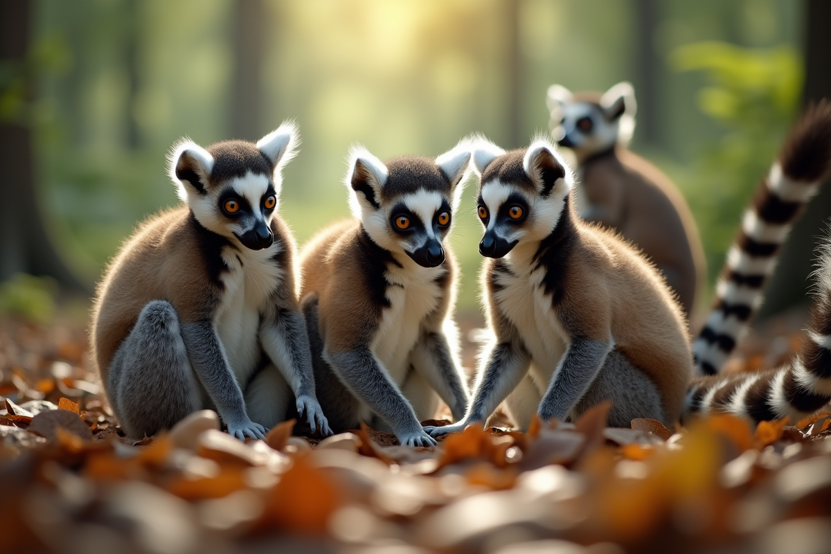 Groupe de lémurs maki catta dans la forêt au matin
