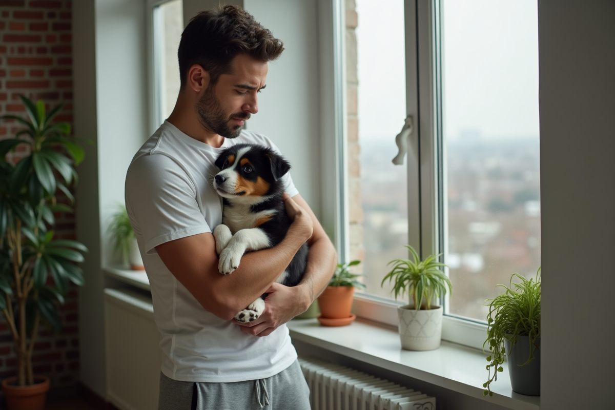 Homme tenant un chiot border collie dans un appartement lumineux
