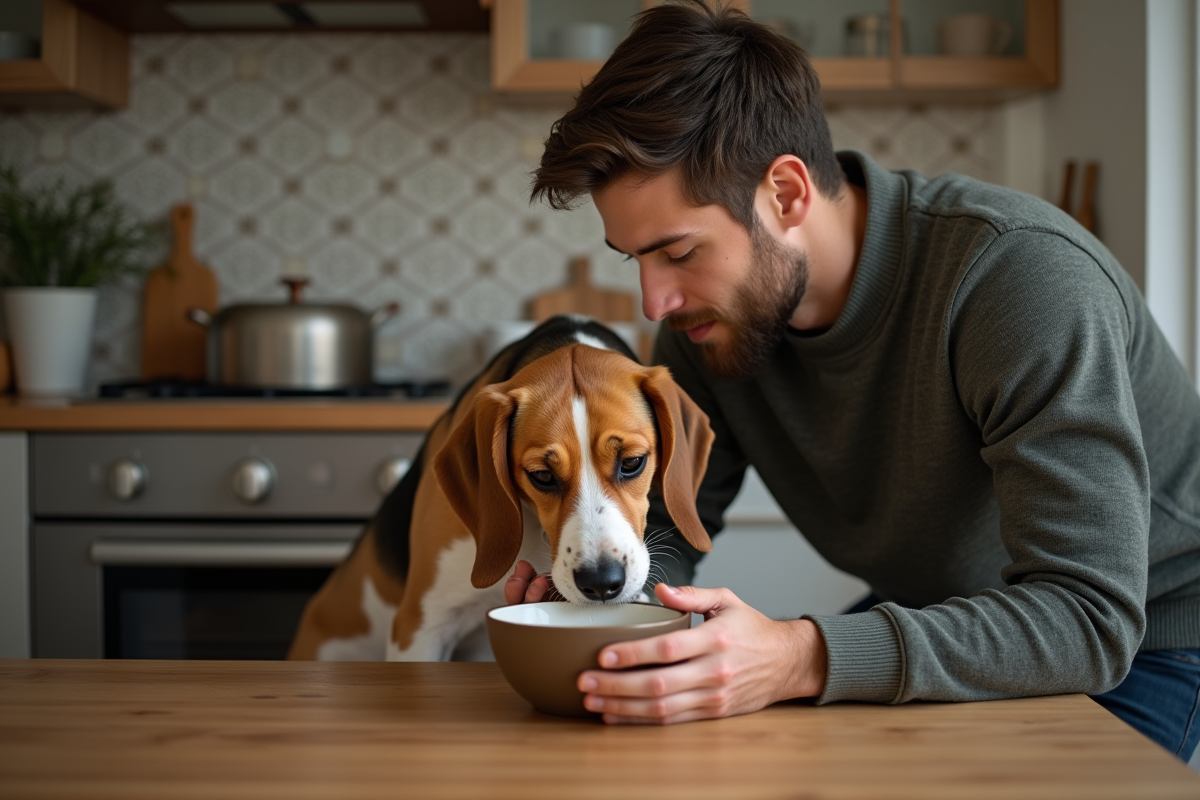 Jeune homme donnant à boire à son beagle dans la cuisine