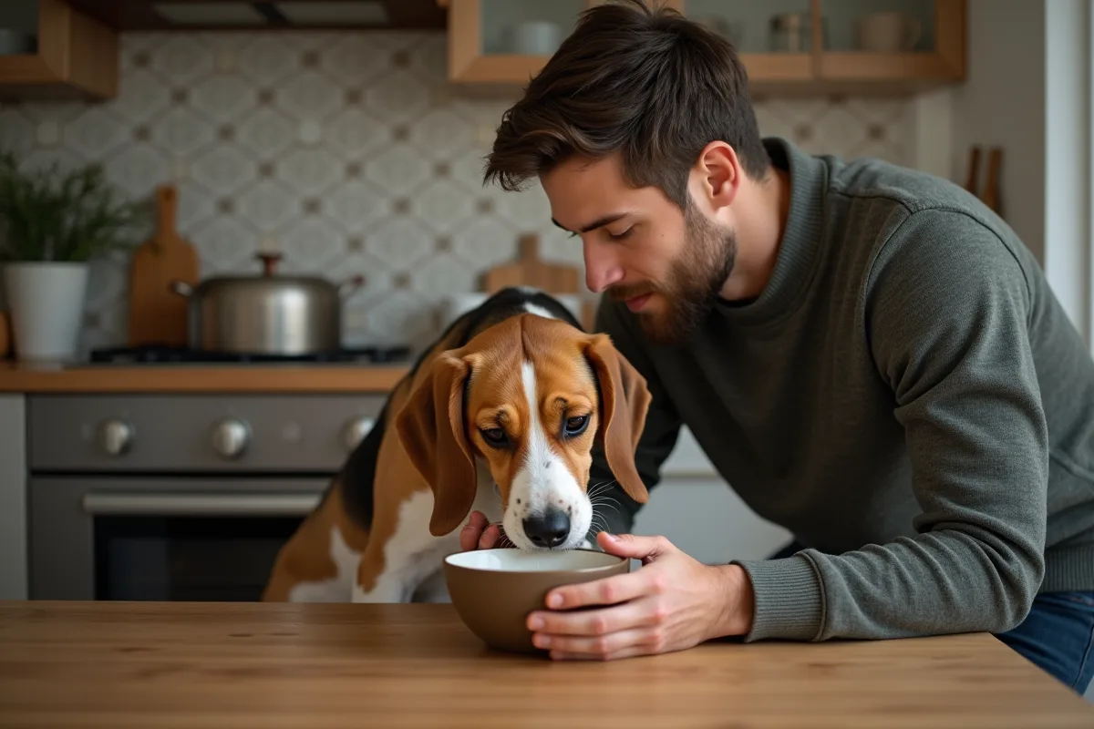 Jeune homme donnant à boire à son beagle dans la cuisine