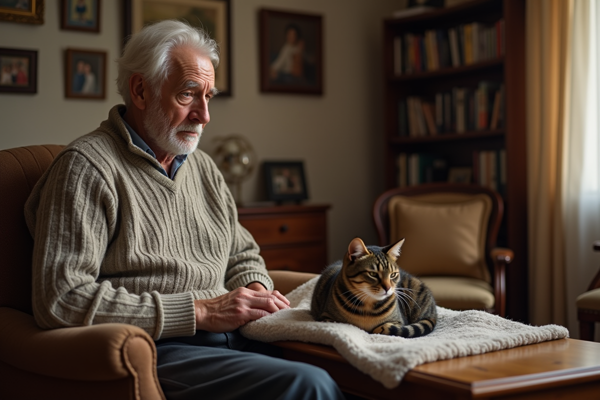 Homme âgé inquiet regardant son chat sur un fauteuil vintage