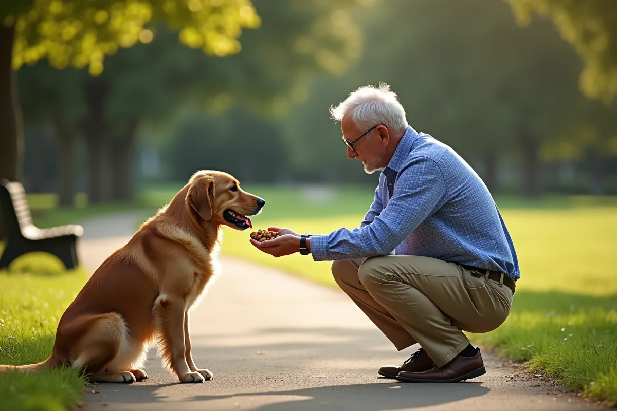 Homme âgé donnant croquettes à son chien dans un parc ensoleillé
