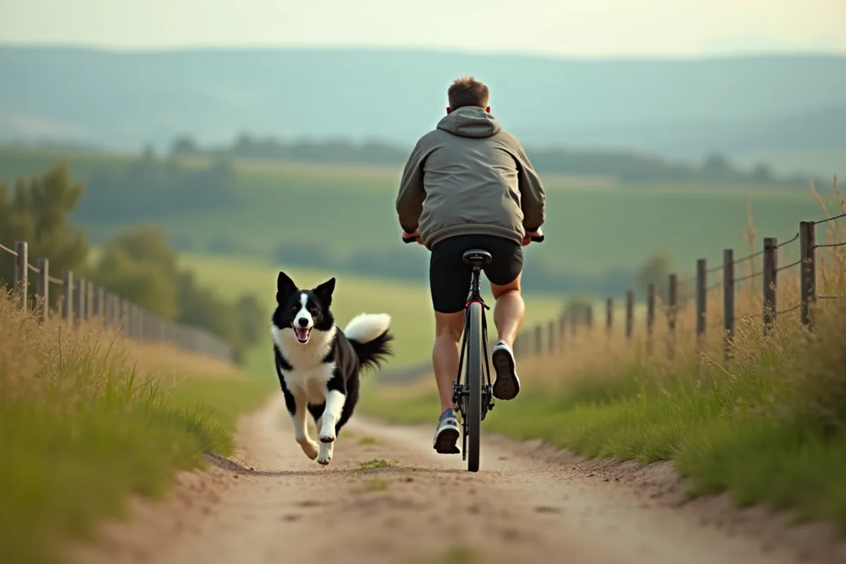 Homme à vélo avec chien dans la campagne en plein air