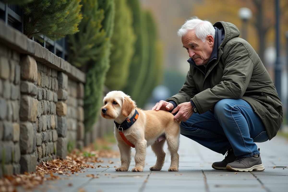 Homme âgé promenant son chien dans un parc urbain