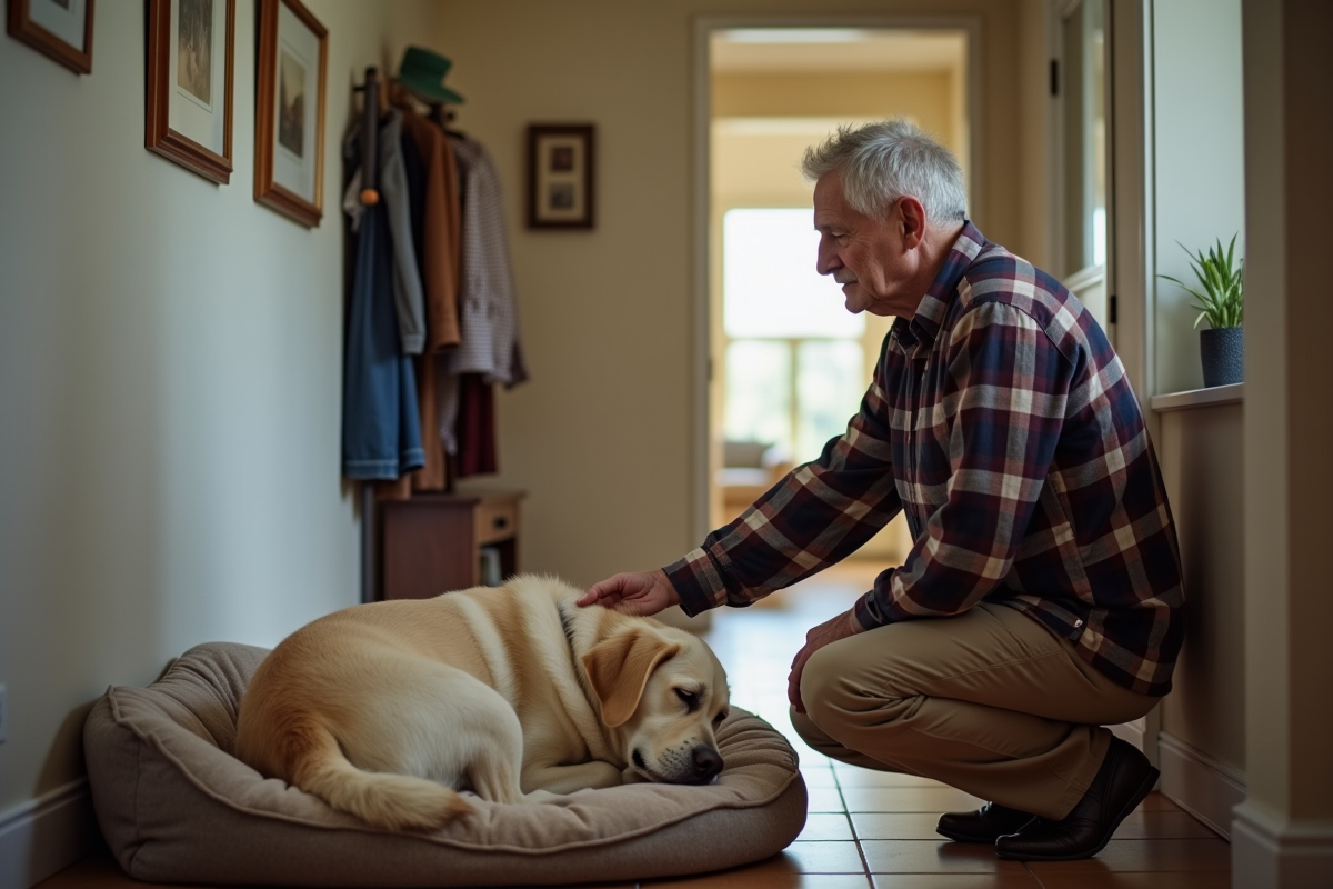 Homme âgé regardant son labrador dormir paisiblement