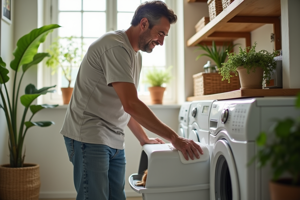 Homme nettoie une litiere pour chat dans la buanderie