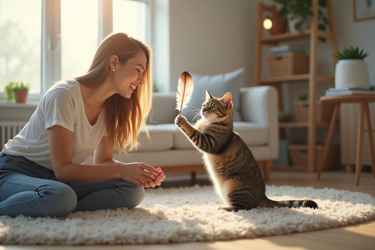 Propriétaire jouant avec son chat dans un salon lumineux