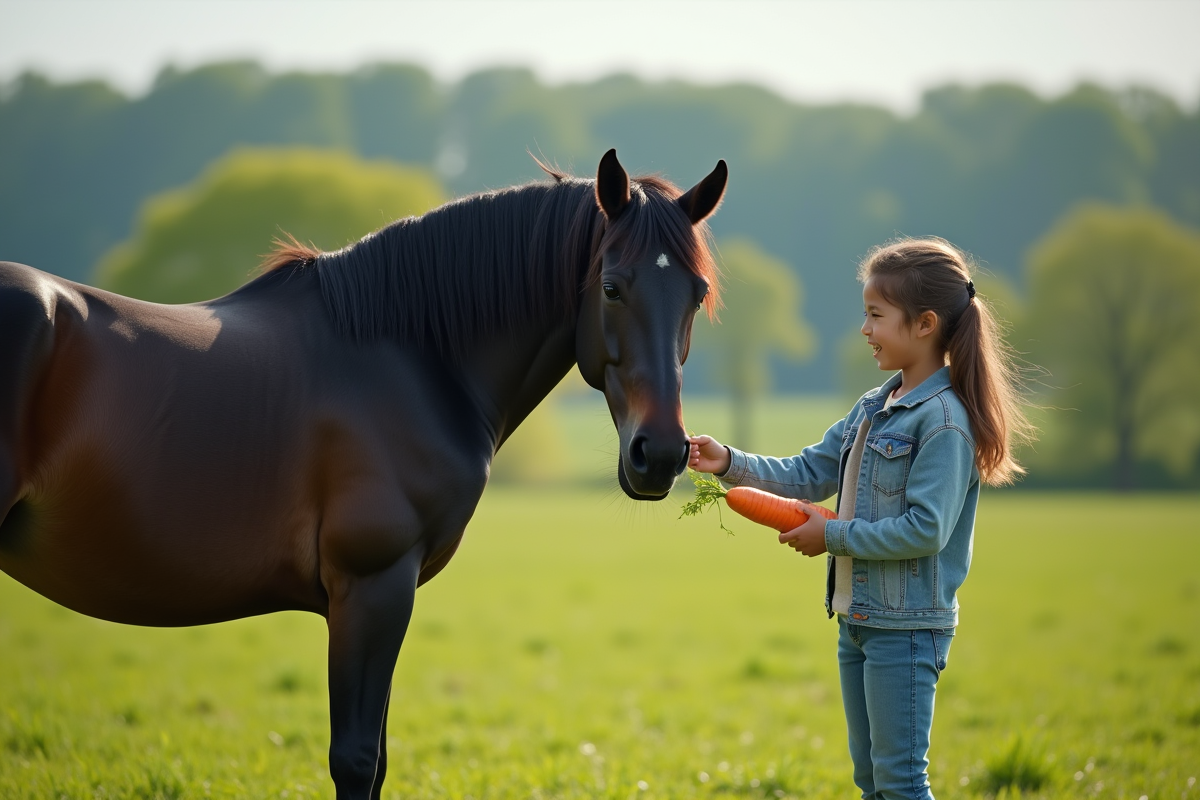 Jeune cavalier offrant une carotte à un cheval noir dans un pré