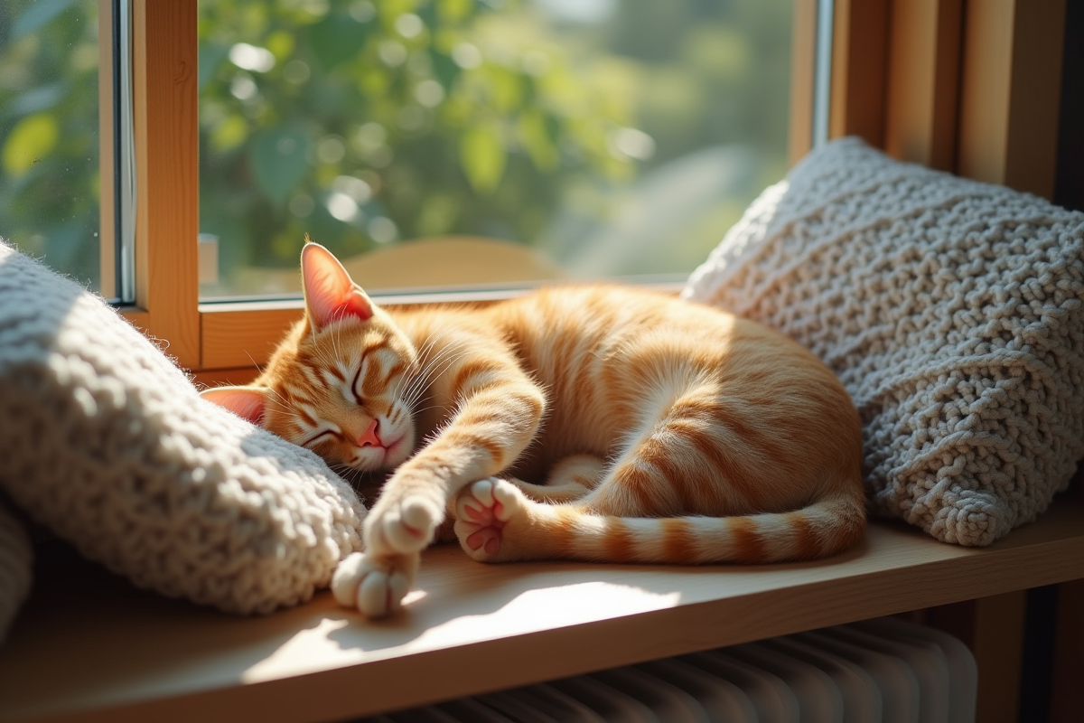 Jeune chat roux endormi sur un coussin près de la fenêtre