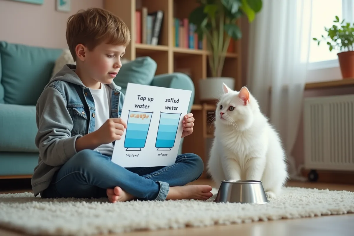 Adolescent avec chat buvant dans un bol en intérieur cosy