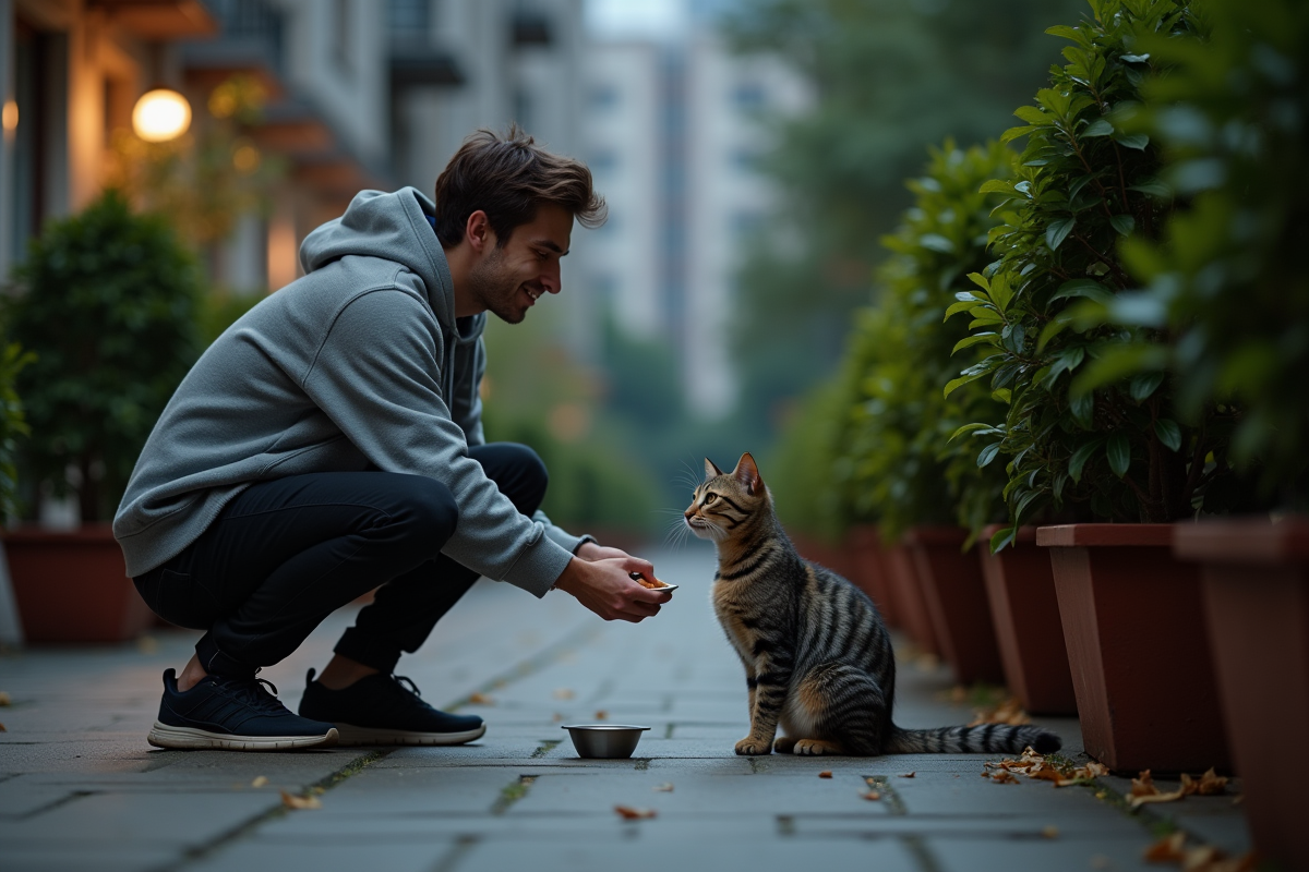 Jeune homme appelle un chat dans une cour urbaine la nuit