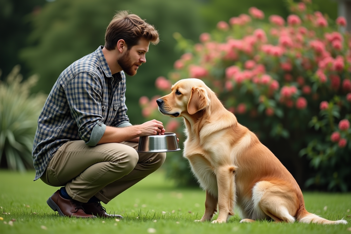 Jeune homme encourage son chien dans le jardin
