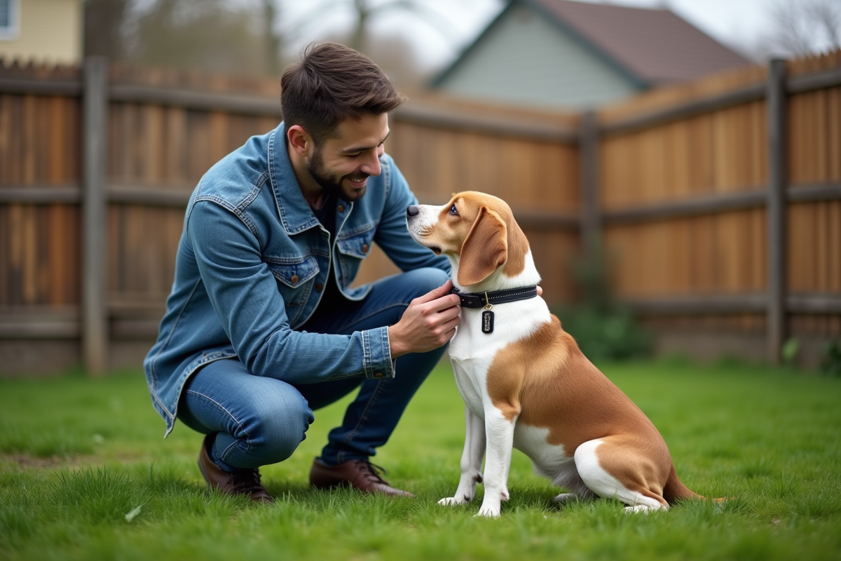 Jeune homme avec son chien dans un jardin suburbain