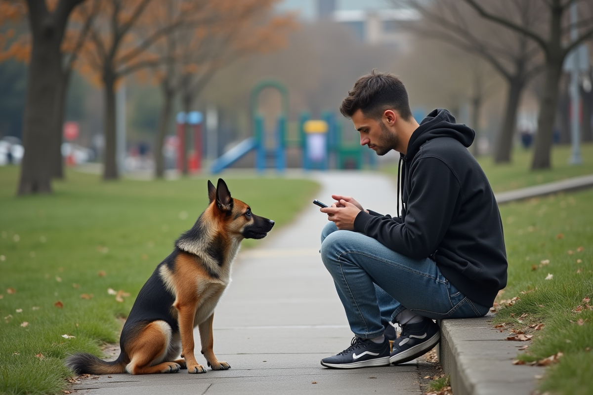 Jeune homme dans un parc urbain avec un chien errant