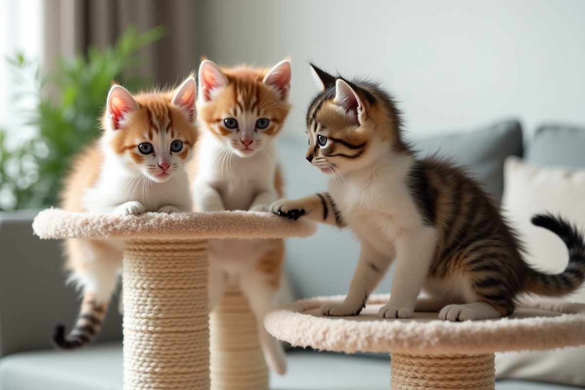 Trois chatons jouant sur arbre à chat dans un salon lumineux