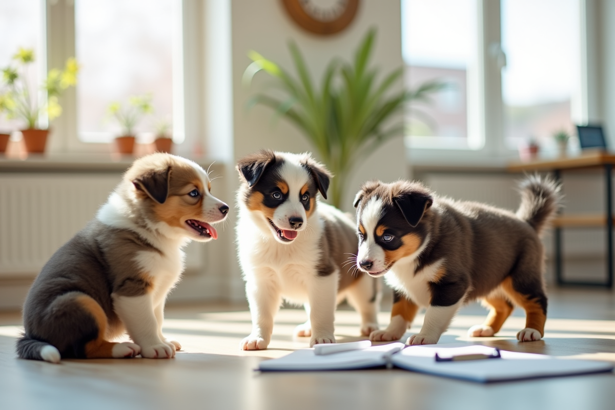 Groupe de chiots australien tricolore jouant dans une maison lumineuse