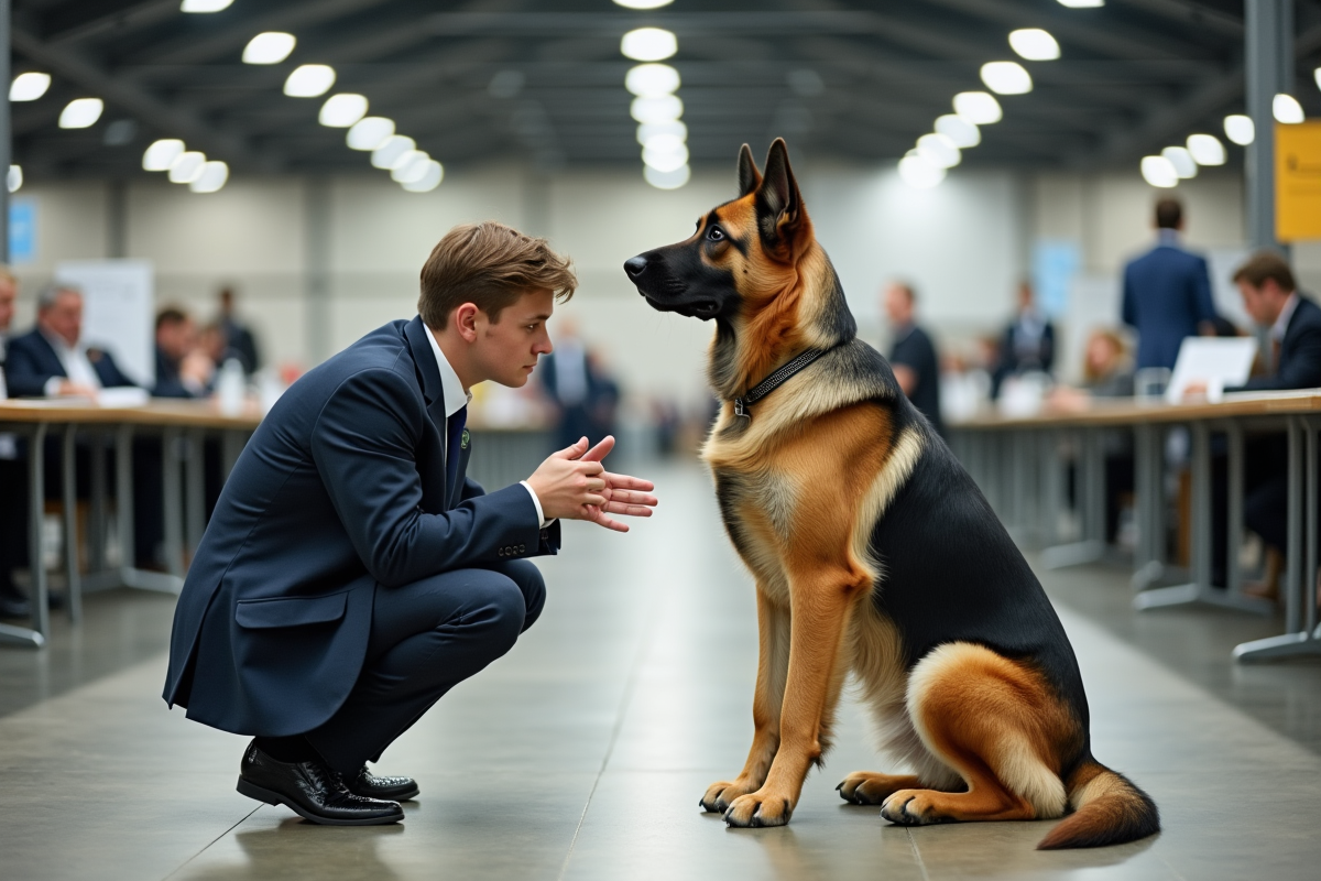 Juge canin examinant un berger français en intérieur