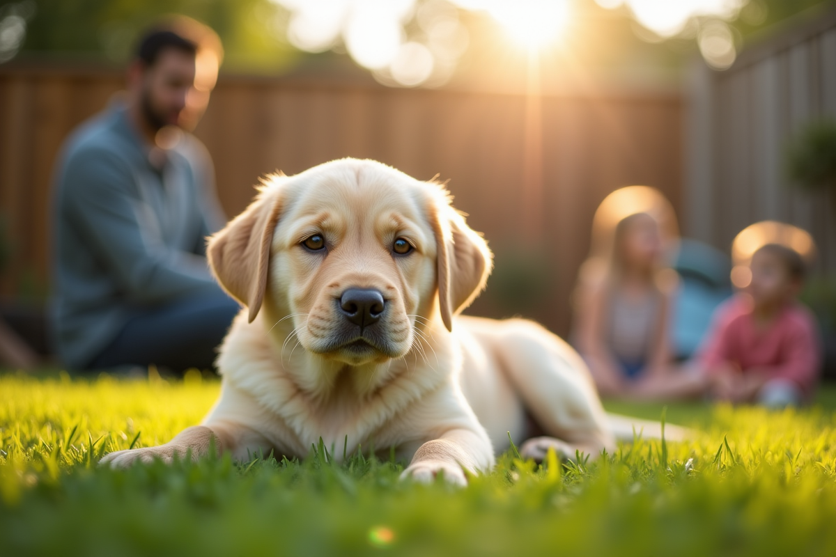 Labrador dans le jardin avec famille qui joue