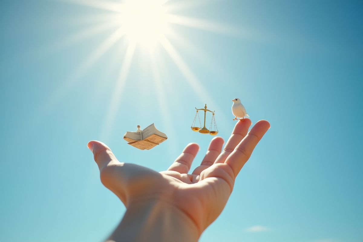 Main ouverte avec symboles de liberté et rayons de soleil