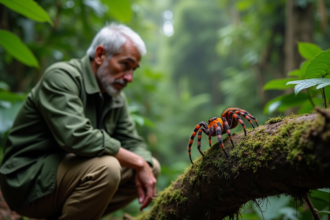 Naturaliste dans la jungle observant une araignée écouteau