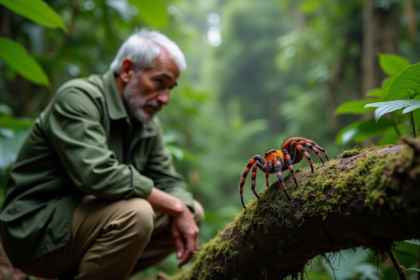 Naturaliste dans la jungle observant une araignée écouteau