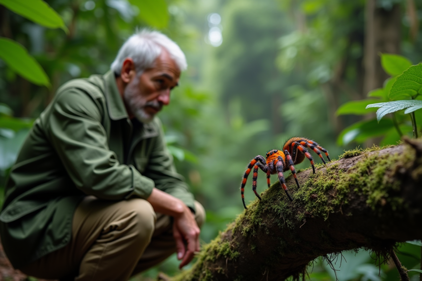 Naturaliste dans la jungle observant une araignée écouteau