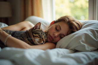 Personne dormant paisiblement avec un chat tacheté au lit