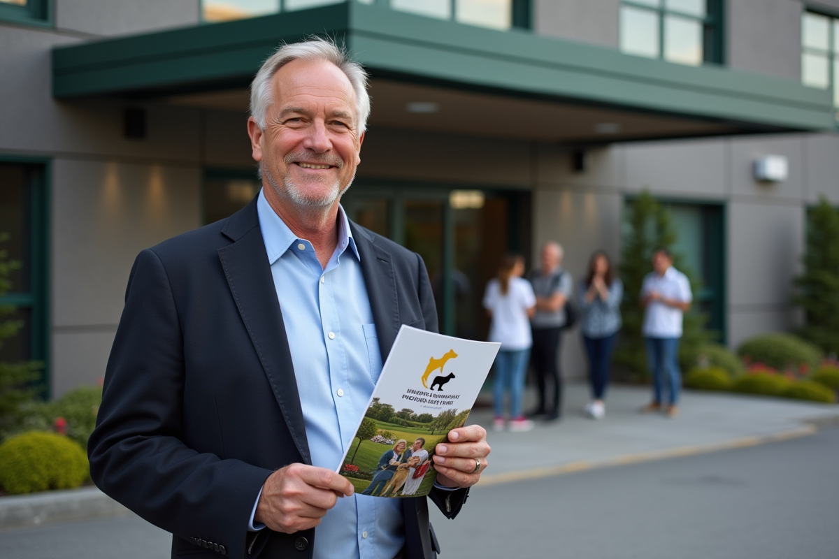Homme parlant avec brochure devant bâtiment organisation animaux