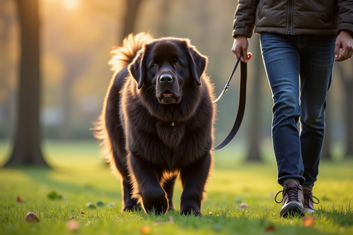 Chien Newfoundland marchant dans un parc urbain au matin
