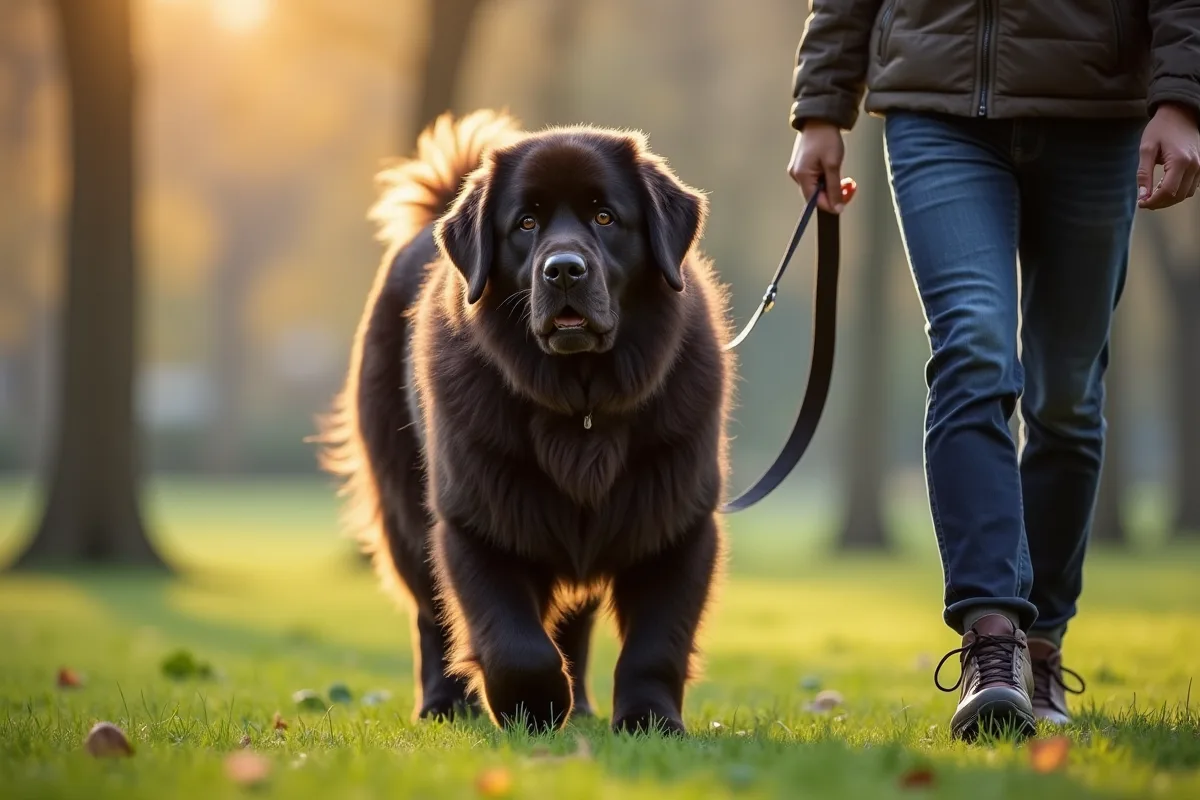 Chien Newfoundland marchant dans un parc urbain au matin
