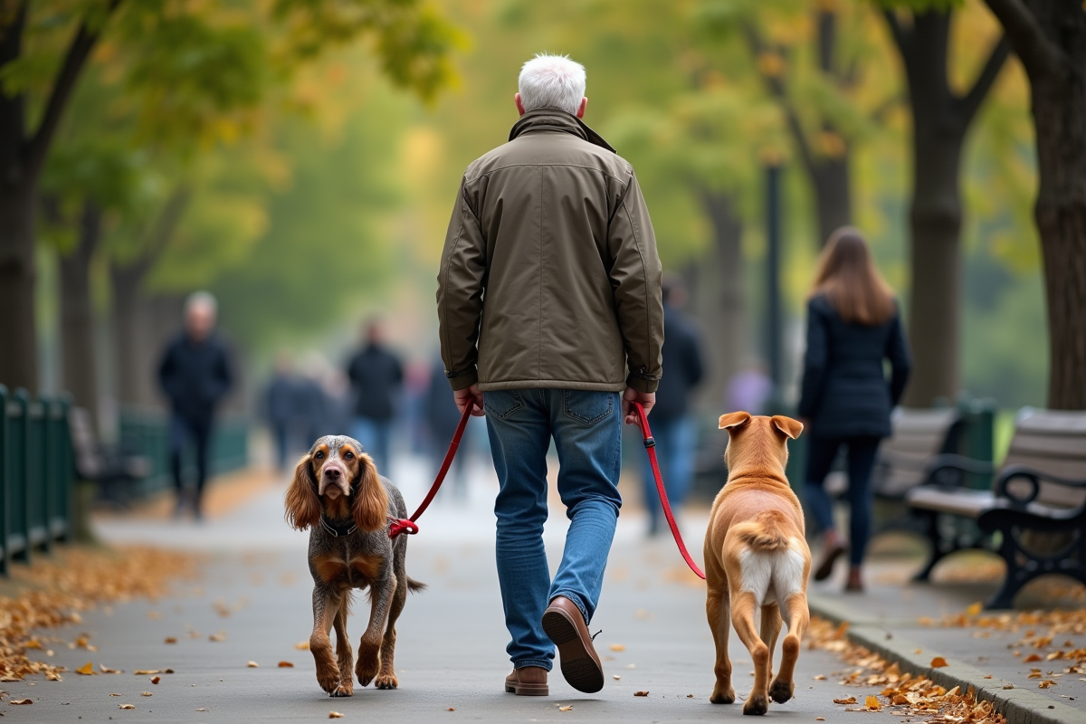 Homme marchant avec deux chiens dans un parc urbain