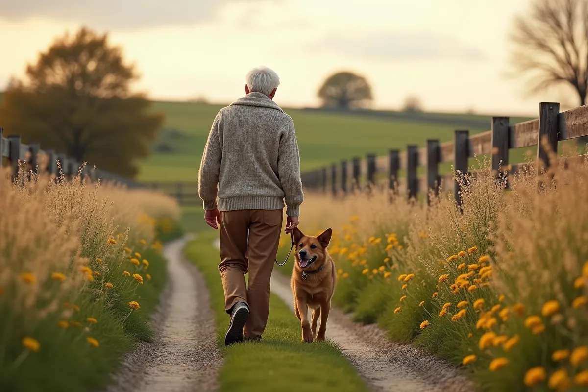 Homme âgé marchant avec son chien dans un chemin rural