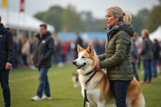 Proprietaire de chien en plein air lors d'une confirmation canine