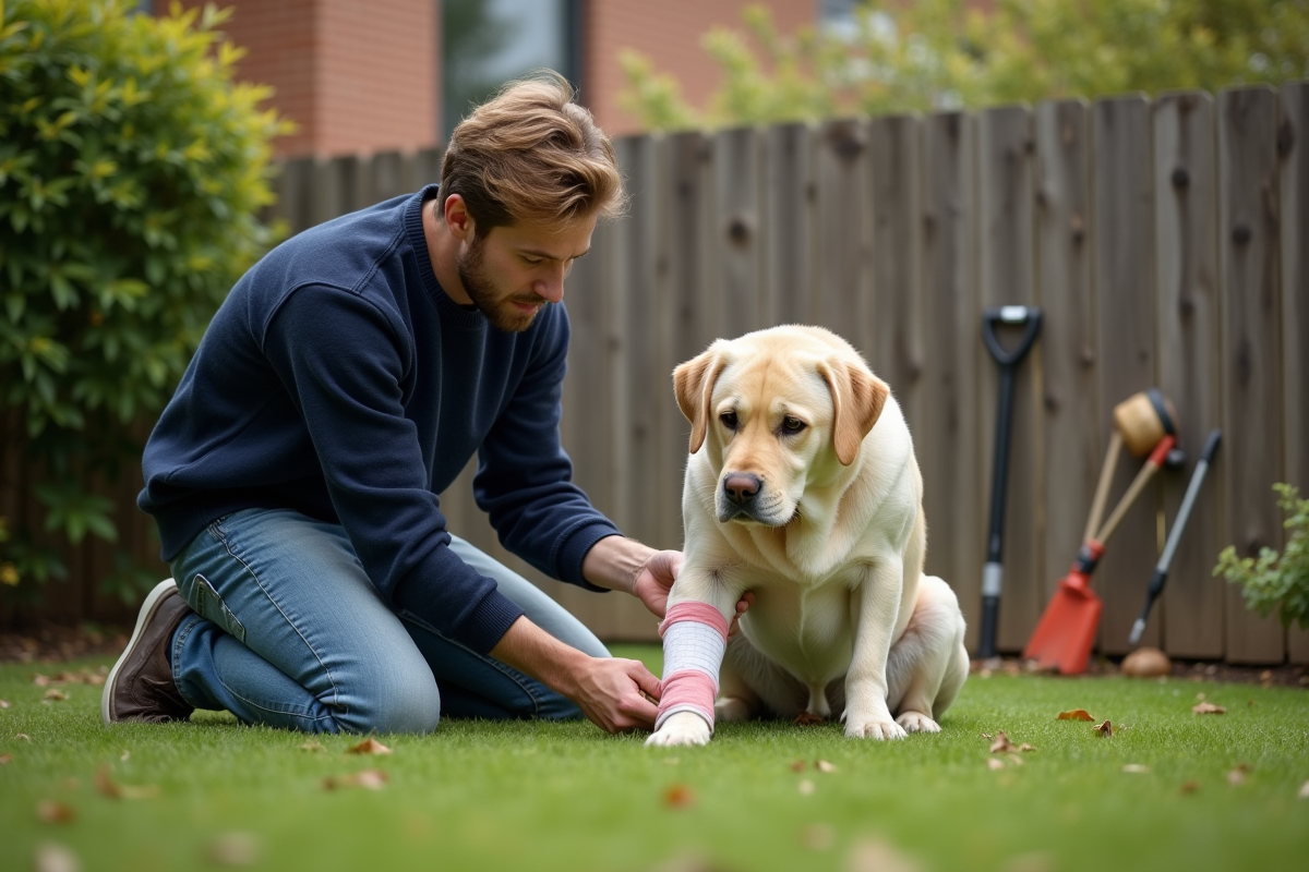 Jeune homme soignant un Labrador dans un jardin