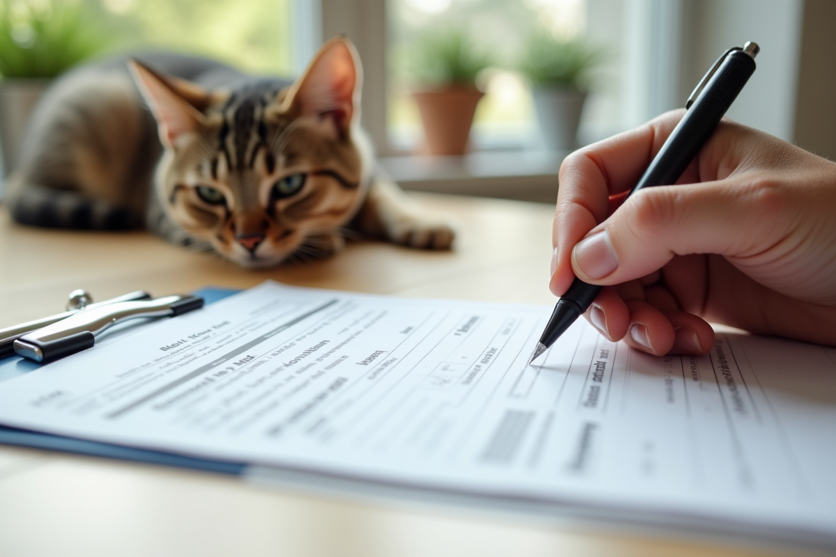 Main remplissant un formulaire de remboursement vétérinaire avec chat
