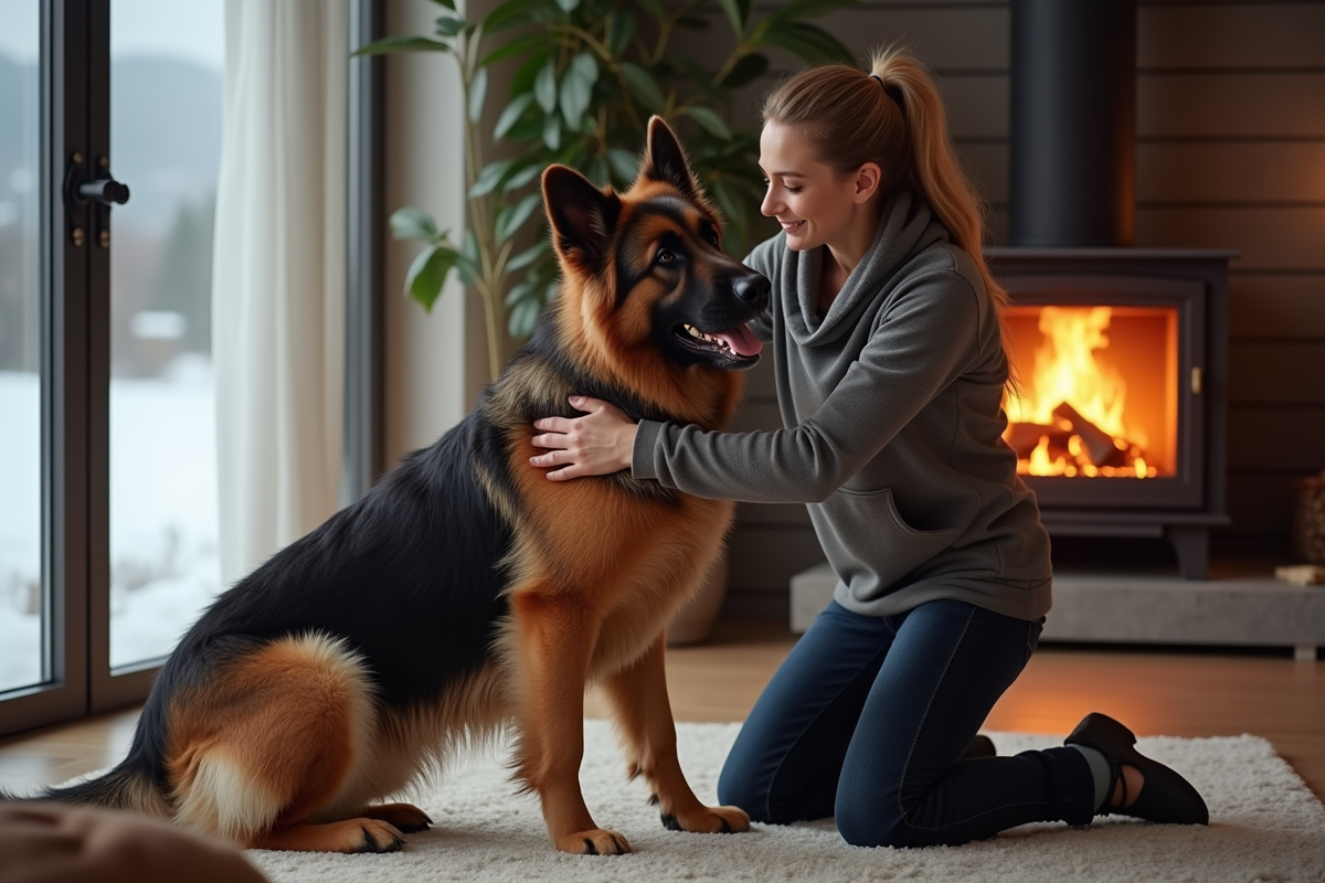 Propriétaire séchant le pelage du chien en intérieur cosy hiver