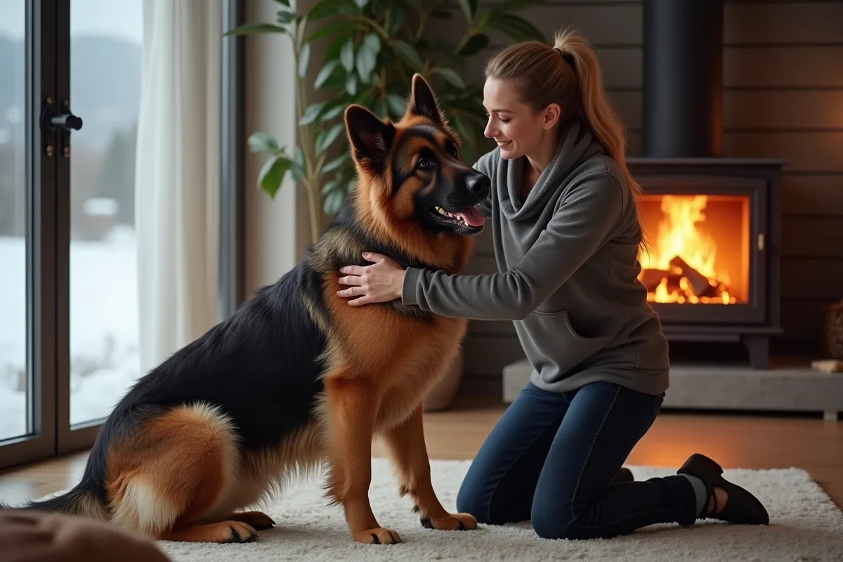 Propriétaire séchant le pelage du chien en intérieur cosy hiver