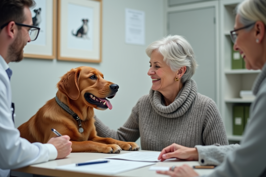 Femme senior caressant son chien chez le vétérinaire