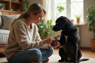 Femme avec chien noir coupe-ongles dans un salon chaleureux