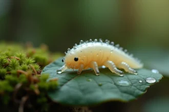 Tardigrade en gros plan sur une feuille naturelle