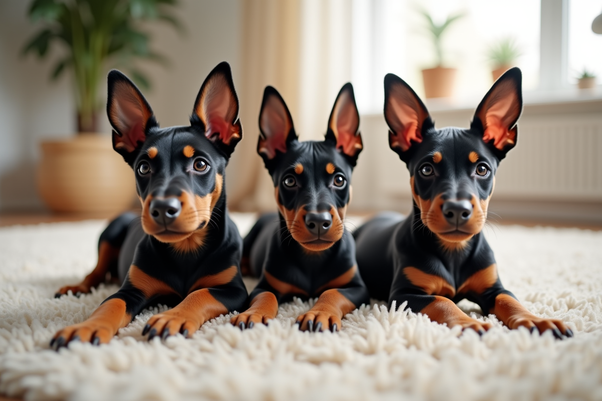 Trois chiots doberman jouent sur un tapis lumineux à l
