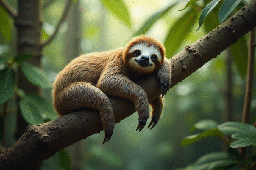Unau reposant sur une branche dans la forêt tropicale
